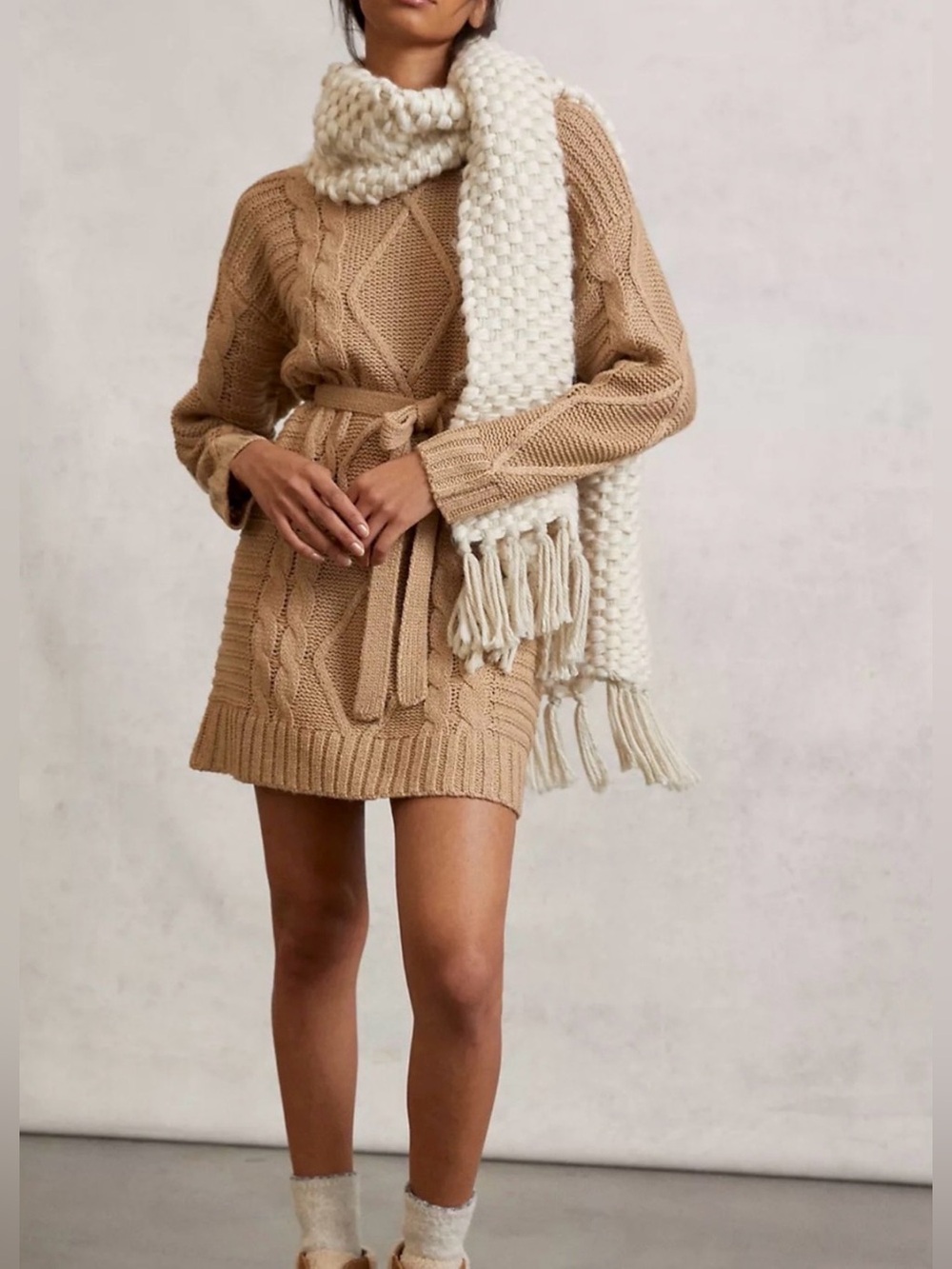 Amadi Cable-Knit Belted Sweater Dress - Camel Tan, Anthropologie Size Small